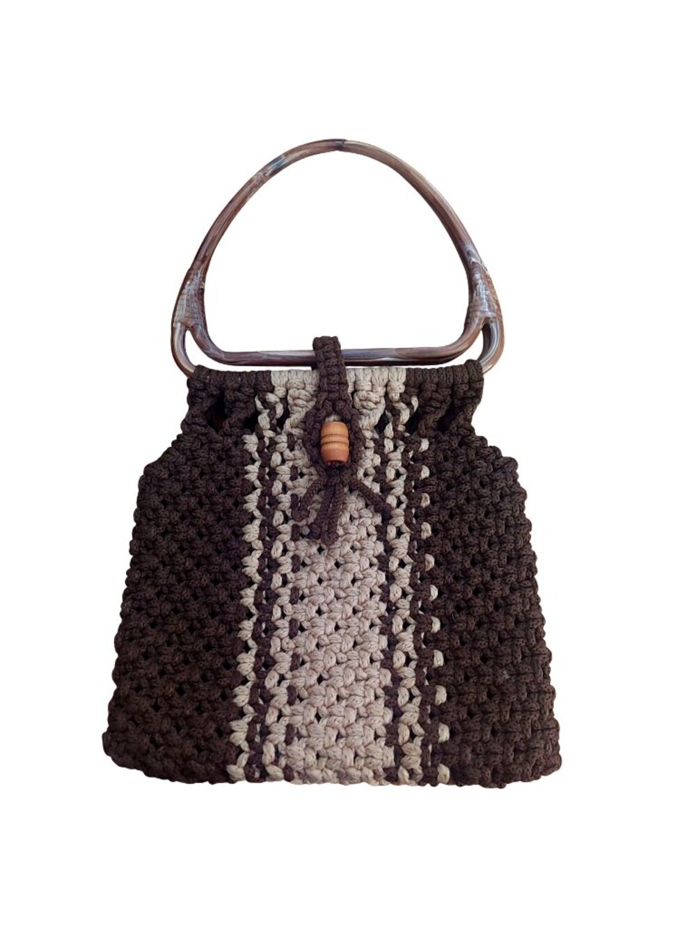 Macrame Crochet Handbag Brown Lucite Top Handles Lined Vintage 70s Retro Boho